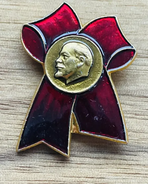 Vintage USSR Soviet Communist Lenin red and gold enamel ribbon bow pin