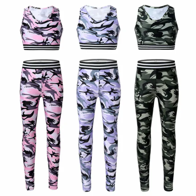 Girls Two Piece Camouflage Leggings and Crop Top Set Workout Gymnastic Tracksuit