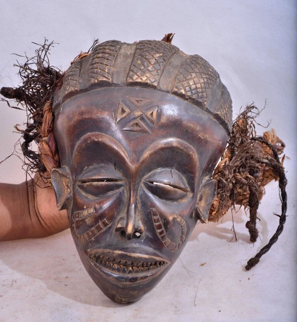 African Chokwe Mask Mwana Pwo with Headdress Congo African Art