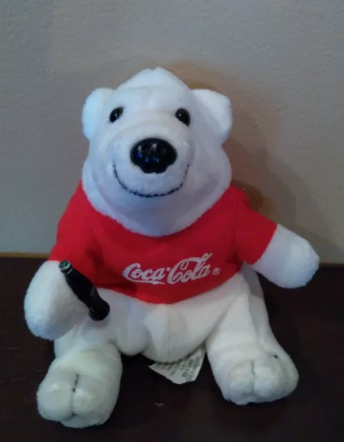 Vtg 1997 Coca Cola Polar Bear Bean Bag Plush in T-shirt  & Holding Coke in Hand