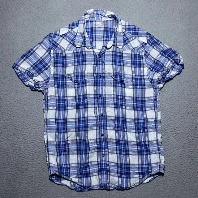 Lucky Brand California Fit Short Sleeve Shirt Mens Medium Linen Snap Blue Plaid