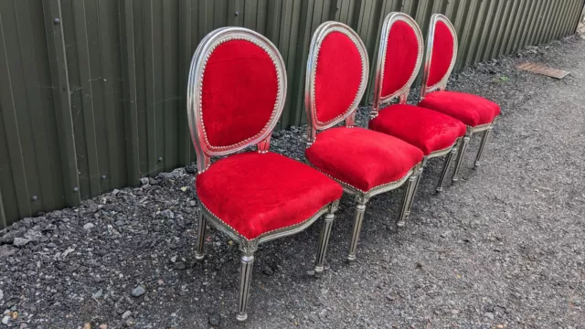 Set of 4 French style chairs silver colour frames red fabric padded seats BE0410