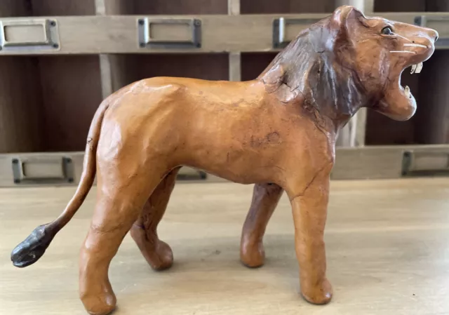 Great Leather Wrapped Paper Mache Small Lion- 5.75” X 8”