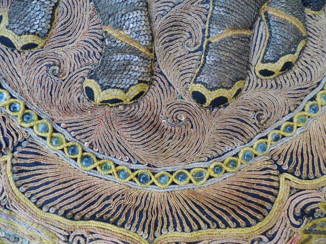 Fine Antique Burmese Kalaga Wall Tapestry Bead Glass Sequins Elephant Embroidery 5