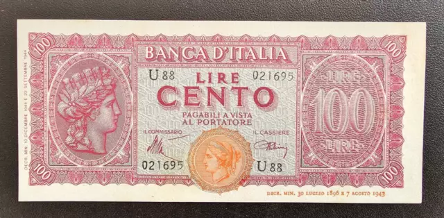 Luogotenenza Banconota 100 Lire Italia Turrita Anno 1944 qFds