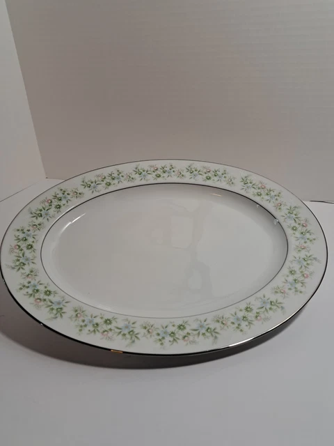 Noritake Savannah  Oval Serving Platter 6741076 13.75 in Platinum Trim flowers