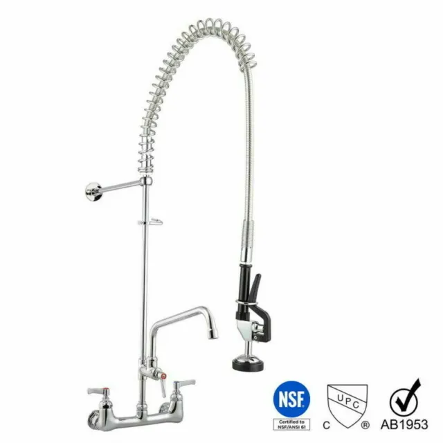 12" Commercial Pre-Rinse Sink Faucet Pull Kitchen Down Sprayer Mixer Wall Tap