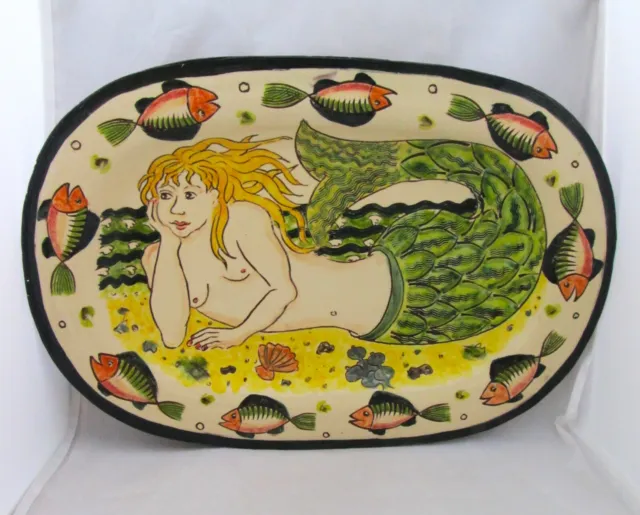 STUDIO POTTERY LARGE 40cm OBLONG CHARGER, SGRAFITTO MERMAID & FISH SIGNED CR 12