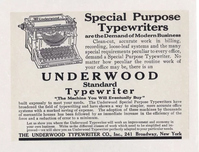 AD UNDERWOOD TYPEWRITER Vintage 1909 Standard Model REPRINT  8 X 10" REPRINT