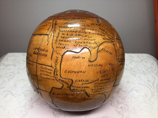 World Globe Hand Carved Wood World Globe - French - Made in Haiti  8.5” Diameter