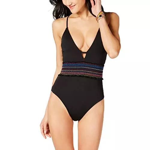 MSRP $88 Bar III Smocked Plunging One-Piece Swimsuit Black Size Small