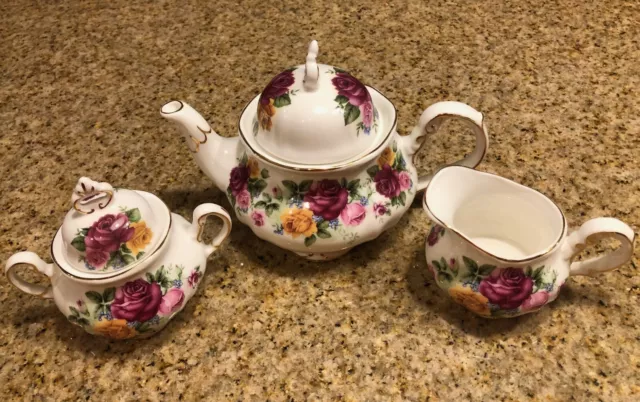 Royal Albert Old Country Roses 3-Piece Tea Set - Teapot, Sugar Bowl & Creamer