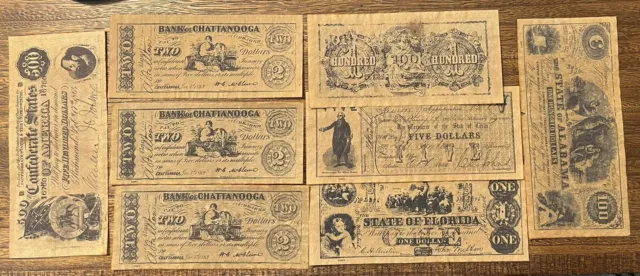 Vintage Confederate Currency Set "B" Reproductions Civil War Money 8 Bills