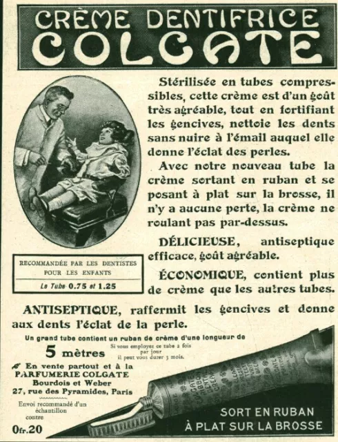 Publicité ancienne crème dentifrice Colgate 1909 issue de magazine