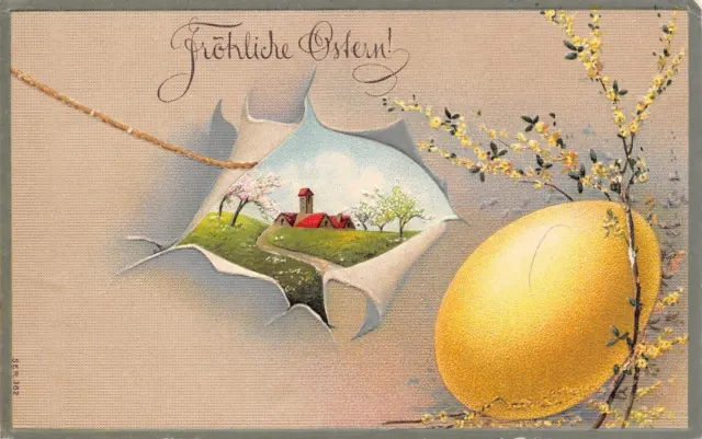 Easter~Exaggerated Yellow Egg Under Flower Tree~Peel Back Farm~Emboss~Germany