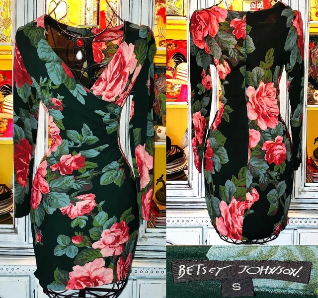 Vintage Betsey Johnson Dress 90s Green Floral Cabbage Rose Wrap Bodycon Sz Small