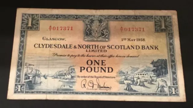 Banknote Of Scotland One pound. Clydesdale. Dated 1958. Circulated Condition.