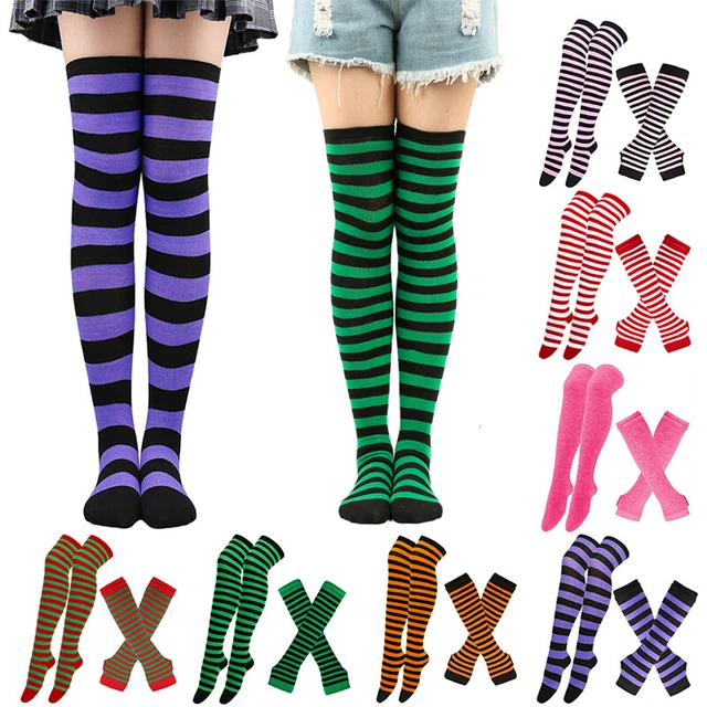 Women Striped Over Knee Thigh High Long Socks Arm Warmer Fingerless Gloves Set H
