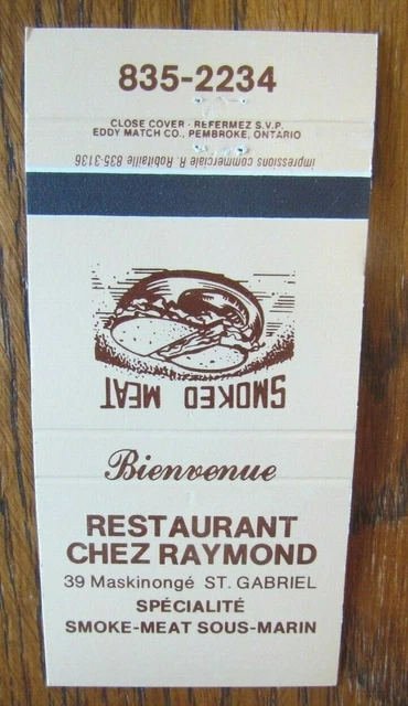 Deli Restaurant Matchbook Cover: Chez Raymond St-Gabriel, Quebec Matchcover -D8