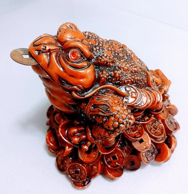 Lucky Three Legged Feng Shui Red Resin Money Frog Toad - Large Size 6" With Coin