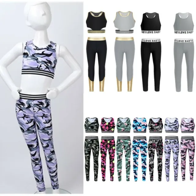 Girls Sports Tracksuit Tank Top Leggings Set Athletic Workout Training Outfits