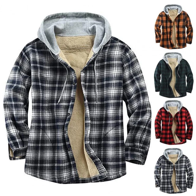 Men's Plaid Heavy Flannel Zip-Up Jacket Hoodie Shirt Fuzzy Fleece Warm Coat US