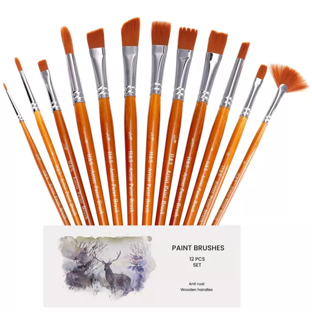 H&S Pinselset für Acrylfarben, Aquarell und Ölfarben - 12er Set - Professionelle