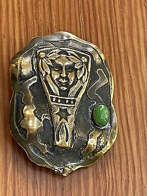 Edwardian Art Nouveau gold tone  Lady"s Head brooch with green Cabochon stone