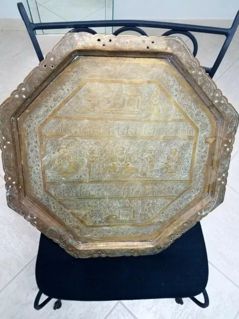 Antique large 24" Benares hexagon brass tray Hanuman Shiva  Nandi India 19th c
