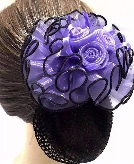 Beautiful 3 Rose Sweet Pink Purple Multi Color Bow Hair Clip Snood Net Bun Cover