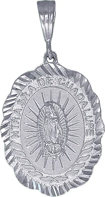 Sterling Silver Virgin Mary Pendant Necklace Medallion Diamond-Cuts with Chian
