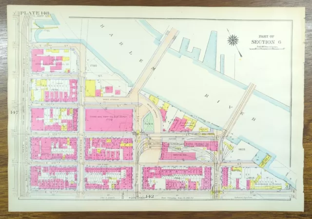 Vintage 1916 EAST HARLEM MANHATTAN NEW YORK CITY NY ~ G.W. BROMLEY Land Map