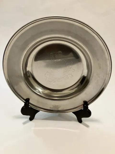 Vintage LUNDTOFTE DKF Stainless Steel Plate with Bear Etching  Denmark 7.5" Dish