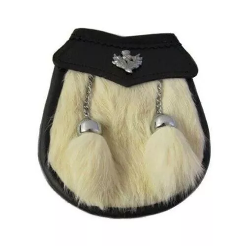 Boys White Rabbit Fur Sporran Pouch With Thistle Badge With Leather Belt