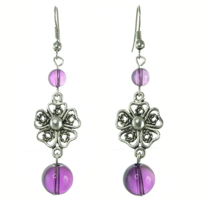 Boucles d'oreilles Fleur filigrane argent tibétain perles en pierre Violette