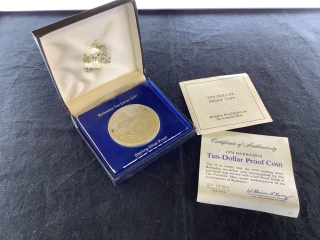1974 Barbados $10 Large Proof - Silver Coin - Neptune - Ten Dollars - Diam. 42mm