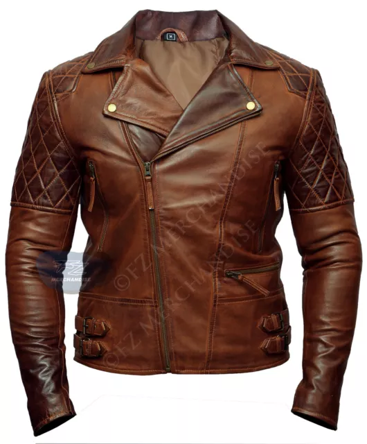 Giacca in pelle invernale da uomo biker vintage effetto invecchiato marrone in pelle Cafe Racer