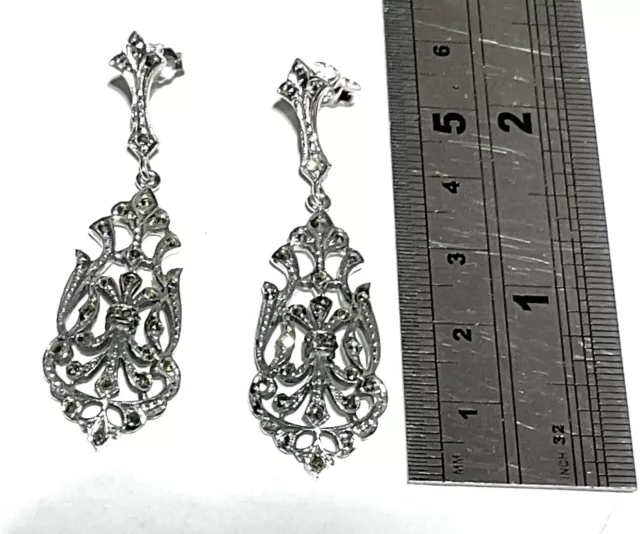 Victorian Edwardian Art Nouveau Marcasite openwork long Chandelier drop Earrings 3