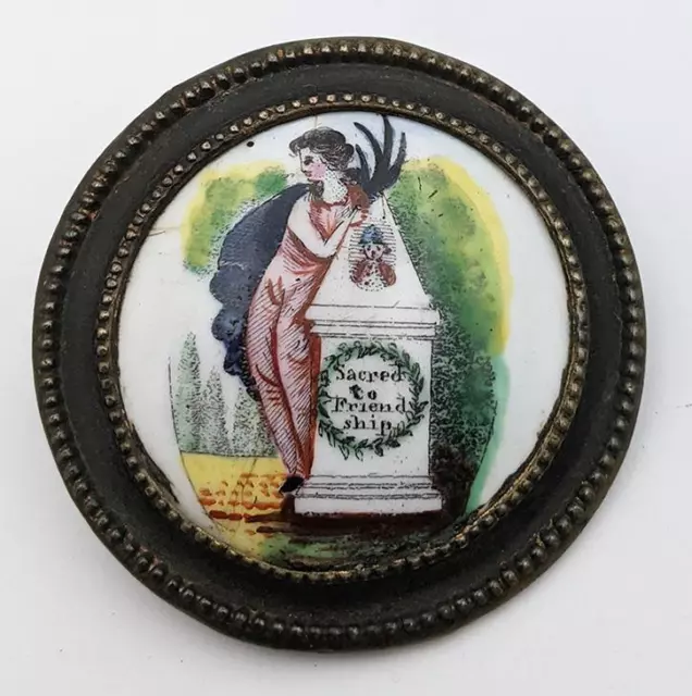 GEORGE III ENGLISH BILSTON ENAMEL & BRASS SACRED TO FRIENDSHIP MIRROR KNOB c1780