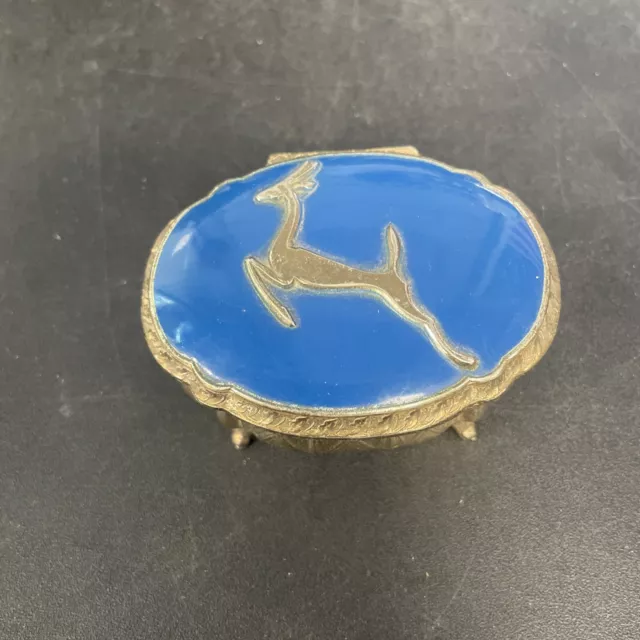 Art Deco Blue Enamel Gazelle,  Plated Trinket Jewelery Box Occupied Japan