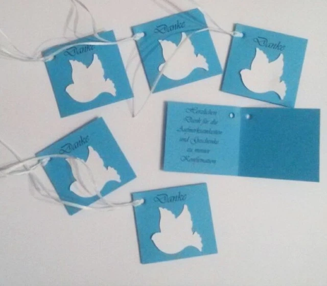 20 blaue Kärtchen Dankeschön Konfirmation gelocht, weiße Taube + hellblauem Band