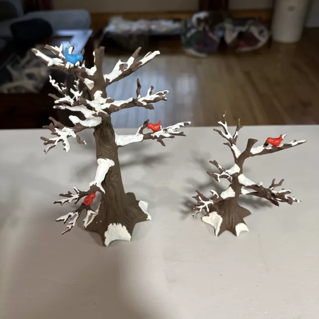 CHRISTMAS VILLAGE dept 56 2 BARE BRANCH OAK TREES SNOW CARDINAL BLUEBIRD Winter