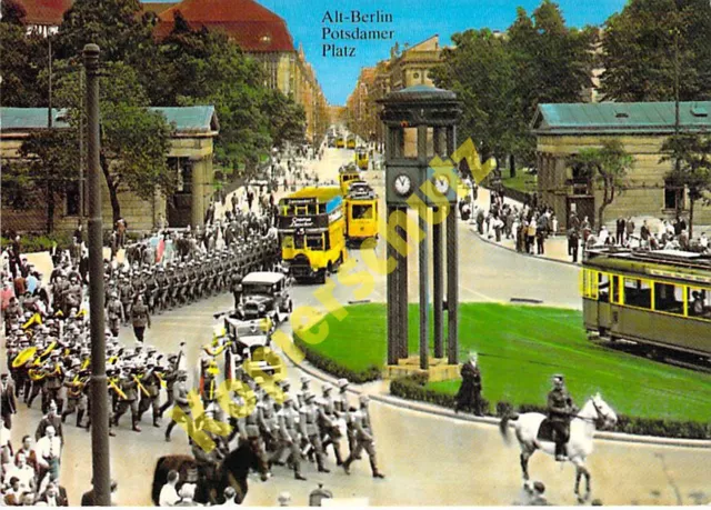 Berlin AK Potsdamer Platz Militärparade Straßenbahn Bus Oldtimer Repro Postkarte