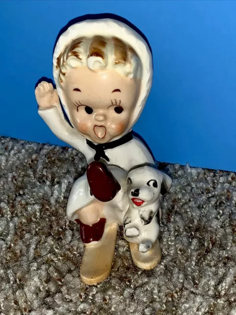 Vintage Japan Christmas Skier Girl on Skis w/ Dog Puppy Figurine Ceramic