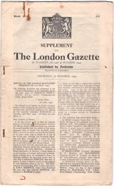 WWII Royal Navy Pursuit & Sinking of German Battleship Bismarck London Gazette