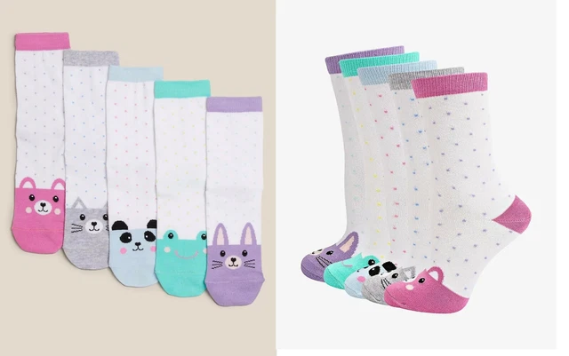 Ex Marks & Spencer M&S Girls Pack of 5 pairs Cotton Pink Blue Print Socks 2-14