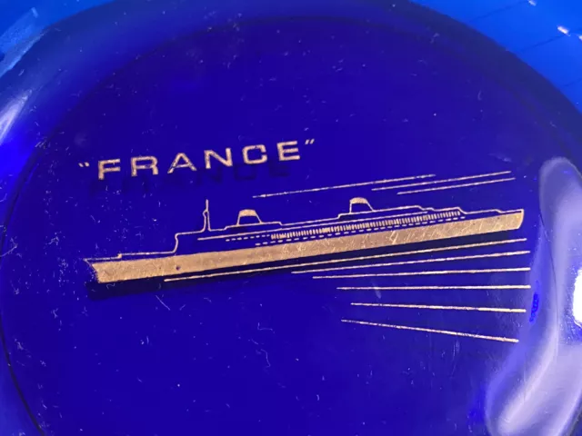 VINTAGE SS France Ocean Liner Cobalt Blue IVOREX Glass Trinket Coin Dish Tray 3