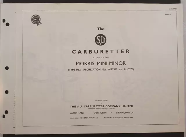 BMC Original SU Vergaser Teileliste für Morris Mini-Minor Typ HS2 AUC912/976