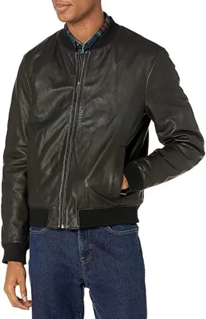 Cole Haan Men's Varsity Bonded Leather Zip Jacket Medium