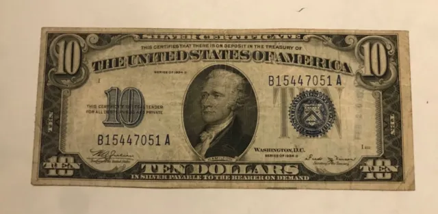 1934-b $10 Silver Certificate,  VF,  scarce !